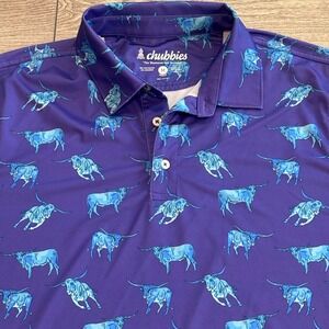 Chubbies Polo Shirt Mens Medium Purple Blue Longhorn Bull Print Performance Golf